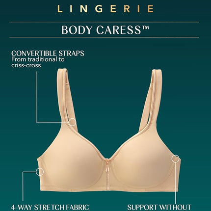 Vanity Fair Women's Bra with 2-Way Convertible Straps, Body Caress Full Coverage, Lightly Lined Cups Up to Dd, Wirefree-White, 34B