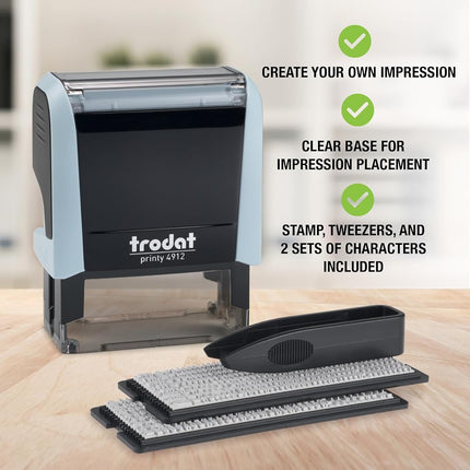 Trodat Printy 4912 Stamp Set in Pastel Blue to Set Yourself – 4 Lines of Text, Imprint 47 x 18 mm, German, Includes Tweezers, Ink Pad Black & Letter and Number Set in Two Sizes