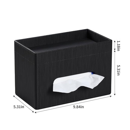 Cretkhp Rectangular Tissue Box Cover with Storage Tray, PU Leather Tissue Box Holder for Bathroom Vanity Countertop Night Stands Bedroom Office Desk, Stylish Tissue Holder Decorative Organizer (Black)