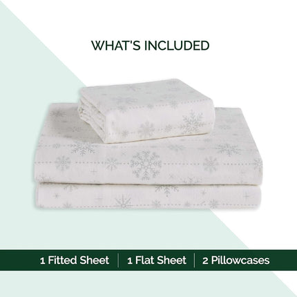 Elegant Comfort Ultra Soft 4-Piece 100% Turkish Cotton Flannel Sheet Set - Holiday Christmas Flannel Sheets, Warm and Cozy Premium Quality, Deep Pocket Fitted Sheet- Queen, Snowflake Ivory