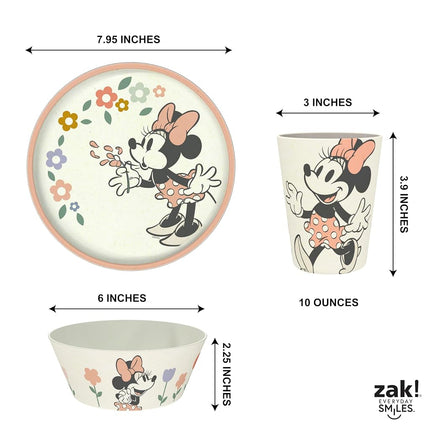 Zak Designs Disney Kids Dinnerware Set 3 Pieces, Durable and Sustainable Melamine Bamboo Plate, Bowl, and Tumbler are Perfect for Dinner Time with Family (Minnie Mouse)
