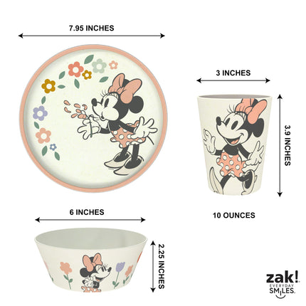 Juego de vajilla Zak Designs Disney para niños, 3 piezas, plato, tazón y vaso de melamina y bambú duraderos y sostenibles son perfectos para la hora de la cena en familia (Minnie Mouse)
