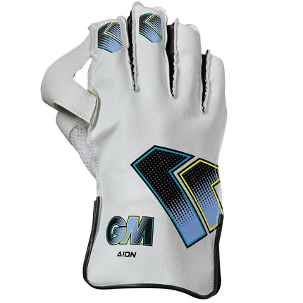 Gunn & Moore GM | Cricket Wicket Keeper Keeping Gloves | Aion | Cotton Lining & Pimple Rubber Palm | PVC Faux Leather Back of Hand | Junior | 1 Pair | White, Cyan & Fluro with GM | Logo