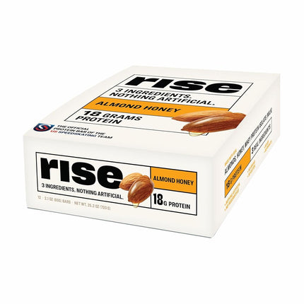 Rise Bar Non-GMO, Gluten Free, Soy Free, Real Whole Food, Whey Protein Bar (20g), No Added Sugar, Almond Honey High Protein Bar with Fiber, Potassium, Natural Vitamins & Nutrients 2.1oz, (12 Count)