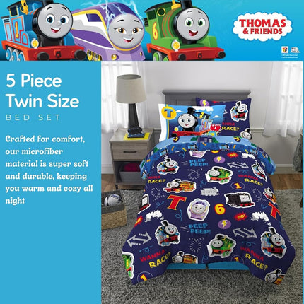 Juego de Sábanas y Edredón Súper Suave para Niños de Franco Thomas & Friends con Funda, Tamaño Twin de 5 Piezas (Producto con Licencia Oficial)