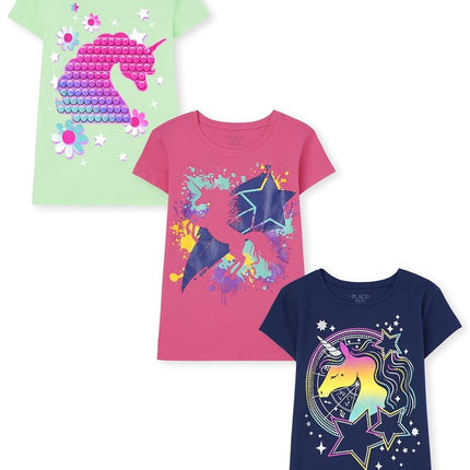 T-shirt à manches courtes et motif pour filles The Children's Place, licornes/étoiles/fleurs, taille M
