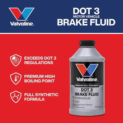 Liquide de frein synthétique Valvoline DOT 3 avec point d'ébullition élevé, protection contre la corrosion, résistance au bouchon de vapeur, compatible avec les systèmes de freinage ABS, à disque et à tambour, 355 ml