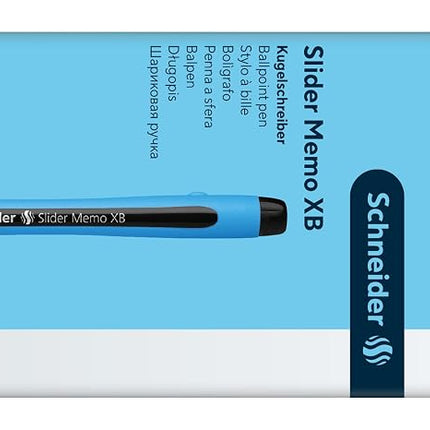 Schneider Slider Memo XB (Extra Broad) Ballpoint Pen, 1.4 mm, Light Blue Barrel, Black Ink, Box of 10 Pens (150201)