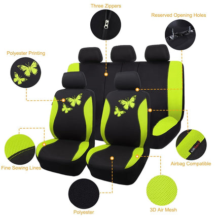 Flying Banner Butterfly car seat Covers ful Set Fashion Universal Lady Woman Female Rear Bench Split Colorized (Green, Full Set)