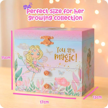 Musical Fairy Jewellery Box for Girls - Kids Music Box with Spinning Fairy and Mirror, Princess Birthday Gifts for Little Girls, Jewellery Box for Ages 3-10 - 17.1 x 13.3 x 15.2 cm