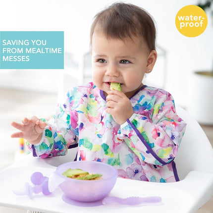 Bumkins Sleeved Bib, Handy Tie Closure for Custom Fit, Catch-All Pocket, Baby-Led Weaning, Waterproof, Machine Washable, Stain & Odour Resistant, BPA Free, 6-24 Months, Watercolour Design