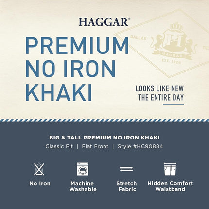 Haggar Men's Premium No Iron Khaki Classic Fit Expandable Waist Flat Front Pant (Regular and Big & Tall Sizes), British Khaki - Bt, 46W x 34L