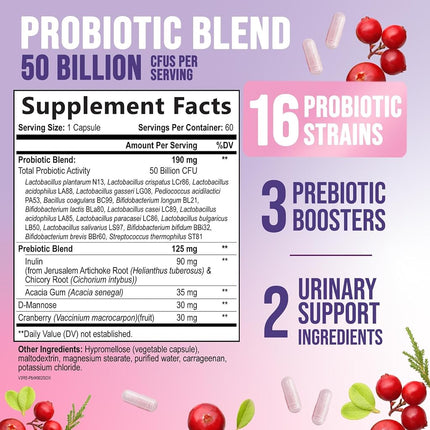 Nature's Nutrition Women’s Probiotics 50 Billion CFU Guaranteed, Vegan Probiotic Strains, Supports Womens Digestive, Immune, Vaginal, & Urinary Health, Delayed Release, No Soy Gluten 60 Capsules