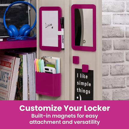 LockerMate Adjust-A-Shelf 6-Piece Locker Accessories Set, Extends to Fit Your Locker, Includes Storage Drawer, Mirror, Whiteboard, Storage Cup, Pink (50924KIT-FCH)