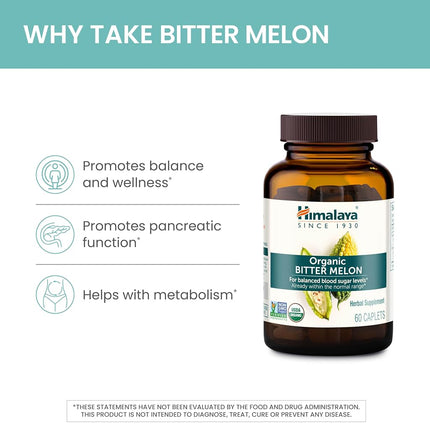 Himalaya Organic Bitter Melon/Karela, 60 Caplets for Balanced Blood Sugar Level, 660 mg, 1 Month Supply (1PACK)