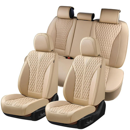 Coverado Car Seat Covers Full Set, Waterproof Nappa Leather Seat Covers for Cars, Front and Back Car Seat Protector, Luxury Car Seat Covers, 5 Seats Universal Beige Car Seat Cover Fit for Most Cars
