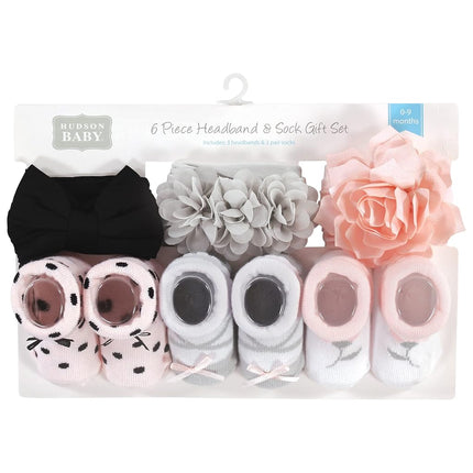 Hudson Baby Girl's Headband and Socks Giftset, Pink Black Gray, One Size