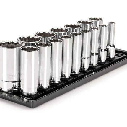 TEKTON 1/2 Inch Drive Deep 12-Point Socket Set with Rails and Tray, 16-Piece (3/8-1-5/16 in.) | SHD92119