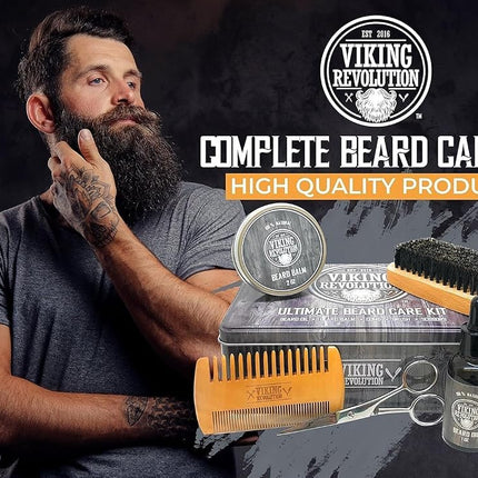 Viking Revolution - Beard Grooming Kit for Men - Ultimate Beard Kit with 100% Boar Beard Brush, Beard Comb, Citrus Beard Balm, Unscented Beard Oil & More - Valentines Gifts for Him - Gifts for Men