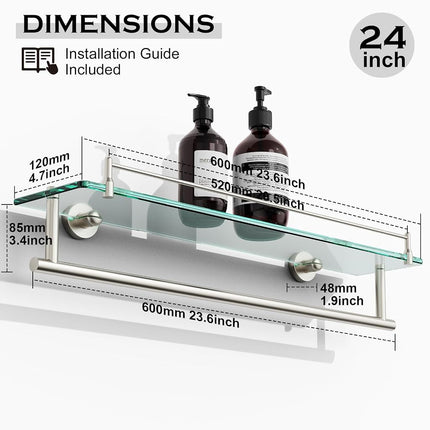 KOCOK 24-Inch Tempered Glass Bathroom Shelf with Towel Bar - Brushed Nickel Towel Holder Modern SUS304 Stainless Steel, Wall Mount Towel Hanger