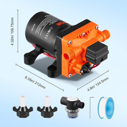 VEVOR - 12V Diaphragm Pump, 3.5 GPM Flow, Self-Priming Water Pump with Pressure Switch, 40-80 PSI Adjustable, Overload Protection, Sealing Tape, 1/2" MNPT