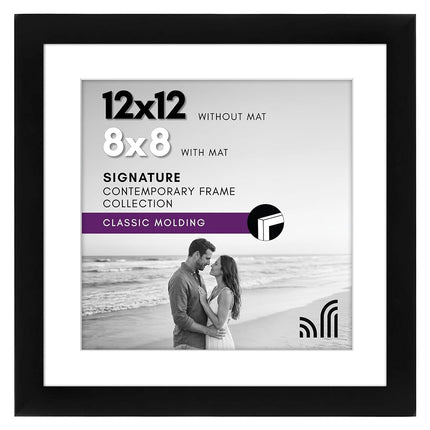 Americanflat 12x12 Picture Frame with Shatter-Resistant Glass - Use as 8x8 Frame with Mat or 12x12 Frame Without Mat - Signature Collection - Photo Frame for Wall Display - Black