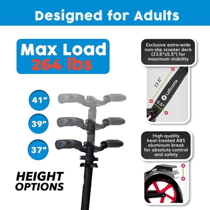 Lascoota Adult Kick Scooter - Black, 264 lb Capacity - Foldable Commuter Scooter for Adults with Front Suspension - Wear-Resistant Wheels & Adjustable Handlebar Height