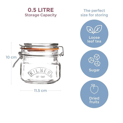Kilner Square Clip Top Jar 0.5 Litre (500ml) Airtight Glass Jar for Storing Chutneys Pickled Fruits Rice Lentils Dry Foods
