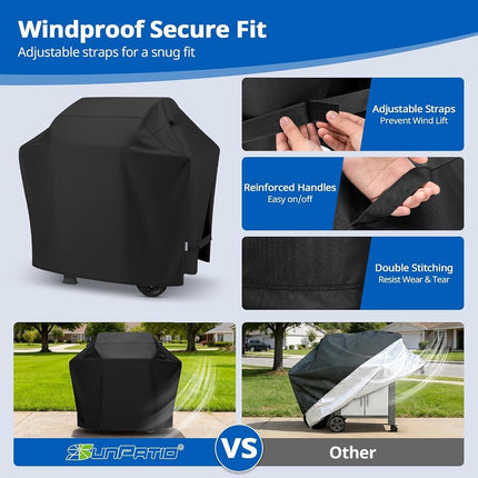 SunPatio BBQ Grill Cover 50 Inch, Outdoor Heavy Duty Waterproof Barbecue Gas Grill Cover, UV and Fade Resistant, All Weather Protection for Weber Char-Broil Nexgrill Grills and More, Black