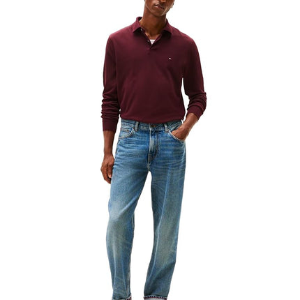 Tommy Hilfiger Mens Long Sleeve Polo Shirts in Regular Fit with Stretch and Organic Pique Cotton, Deep Burgundy, S