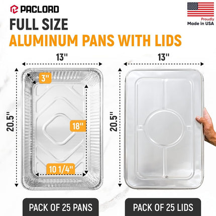 Paclord Aluminum Pans with Lids - 21" x 13" Full Size Foil Pans with Lids, Pack of 25 Pans and 25 Lids, USA-Made Disposable Aluminum Trays for Chafing Racks - Great for Cooking, Heating, Food Storing