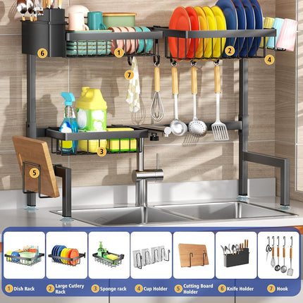 Over The Sink Dish Drying Rack, Kitchen Large Over Sink Dish Drying Rack, Suitable for 95% Sinks, Effective Drainage Drying, Kitchen Dish Drying Rack, 24.8"-35.4"