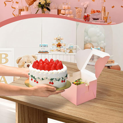 DOYIDE 20Pcs Mini Cake Boxes with Window, 15.5x15.5x13cm Pink Bakery Box, Small 4 Cupcake Boxes, Cake Packaging for Pastries, Cookies, Chocolates, Cupcakes, Birthday Party, Wedding