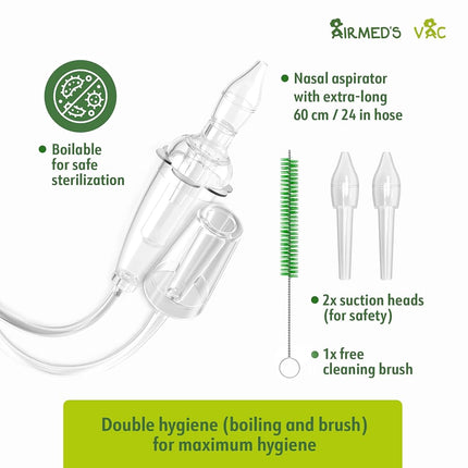 Airmed's Vac Nasal Aspirator Baby. CLINICALLY Tested, Safe and Gentle. Baby Nose Sucker with 2 Suction Heads and Cleaning Brush. Safe and Gentle Baby Nasal Aspirator with Strength of a Vacuum Cleaner