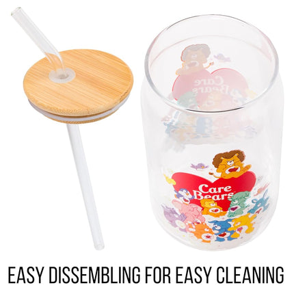 Silver Buffalo Care Bears Heart Cousins Brave Lion Playful Monkey Gentle Lamb Cozy Penguin Lotsa Elephant Bright Raccoon Proud Cat Loyal Dog Treat Pig Swift Rabbit Glass Jar Tumbler w Bamboo Lid, 16oz