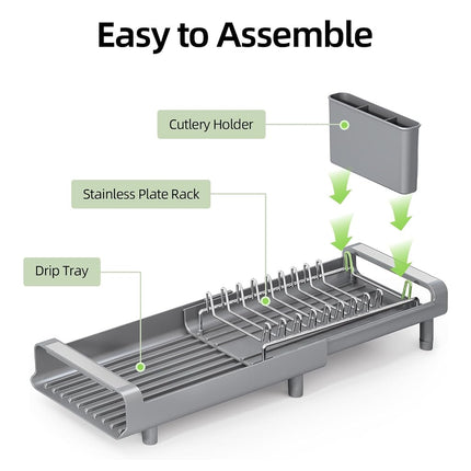 TOOLF Expandable Dish Rack, Compact Dish Drainer, Stainless Steel Dish Drying Rack with Removable Cutlery Holder, Anti Rust Plate Rack, Small Sink Drainer for Sink or Kitchen Countertop