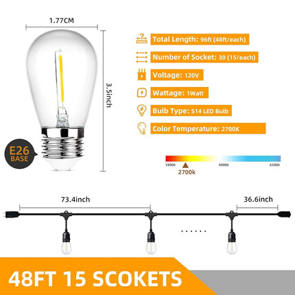 Guirlande lumineuse extérieure LED 48 pieds, 2 paquets, étanche, incassable, intensité variable, ampoules à filament blanc chaud 2700K, 15 douilles E26, raccordables, qualité commerciale, pour patio, terrasse, jardin