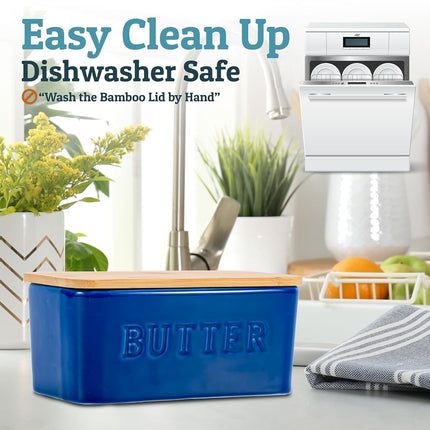 PriorityChef Extra Large Butter Dish with Lid for Countertop, Ceramic Butter Container with Airtight Cover, Butter Keeper for Counter or Fridge, Butter Holder Storage, Dark Blue