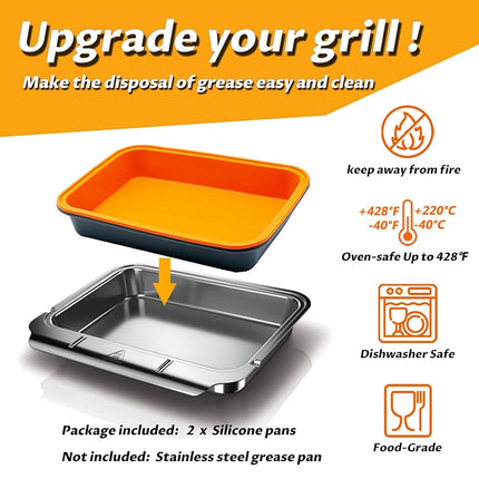 QHAND Drip Pans for Weber - Grill Accessories for Weber Genesis, Spirit, Q Series - Reusable Silicone Grill Grease Tray Liners for Ninja Woodfire Grill - 8.5" x 6" - 2 Pack - Gray & Orange