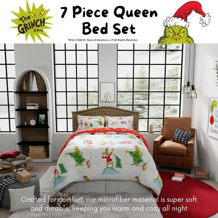 Franco Comforter and Sheet Set with Sham, Microfiber, Grinch-White + Red, 7 Piece Queen Size