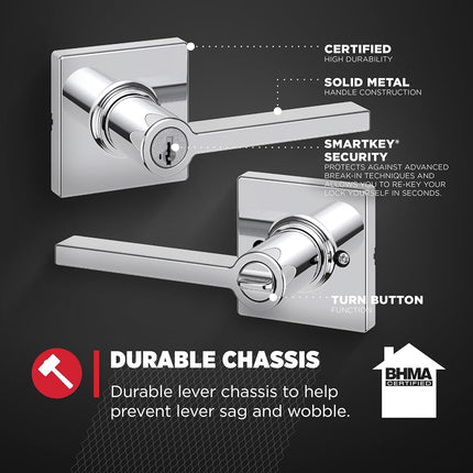 Kwikset Casey Entry Door Lock Lever, Secure Keyed Exterior Entrance, with Reversible Handle, SmartKey Re-Key Security Technology and Microban Protection in Polished Chrome