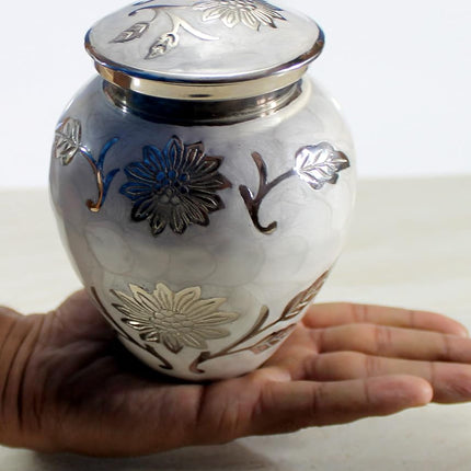 eSplanade Metal Cremation Urn Memorial Jar Pot Container | Medium Size Urn for Funeral Ashes Burial | Engraved Metal Urn | Pink - 6" Inches (White Floral)