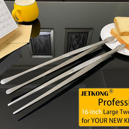 JETKONG 2 Pcs 16-Inch Kitchen Tweezers, Heavy Duty Stainless Steel Cooking Tweezers (Silver)