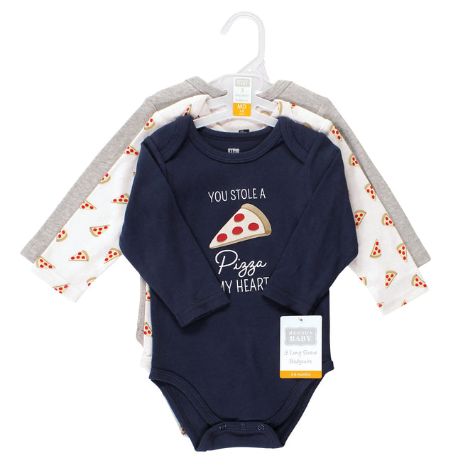 Hudson Baby Lot de 3 grenouillères à manches longues en coton pour bébé garçon, Pizza, 6-9 mois
