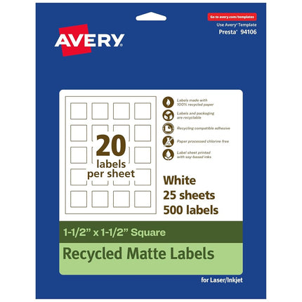 Avery EcoFriendly Matte White Recycled Square Labels, 1.5" x 1.5", Print-to-The-Edge, Matte White Labels, Permanent Adhesive, Laser/Inkjet Printable, 500 Total
