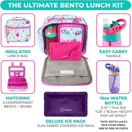 Bento Box, Lunch Bag, Ice Pack Water Bottle Set for Kids - 5 Compartments, Removable Tray, Lunches or Snack Container Girls Toddlers Daycare Pre-School, Kindergarten Pink Fairy Princess