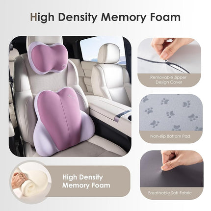 FLORICH Soporte Lumbar con Reposacabezas para Coche, Cojín para Silla, Almohada Reposacabezas para Coche Ergonómica, Cojín Lumbar de Espuma con Memoria Ultragrueso para Silla de Oficina (Morado)