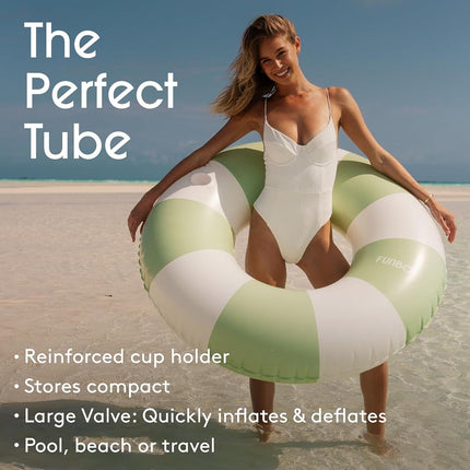 FUNBOY Giant Vintage Sage Green Stripe 48'' Tube Float with Integrated Cup Holder, Perfect for a Summer Pool Party, Large