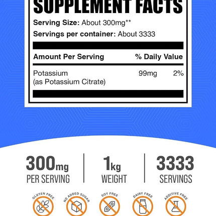 BulkSupplements.com Potassium Citrate Powder - Potassium Supplement, Potassium 99 mg - Potassium Citrate Supplement, Potassium Powder - Gluten Free, 300mg per Serving, 1kg (2.2 lbs)