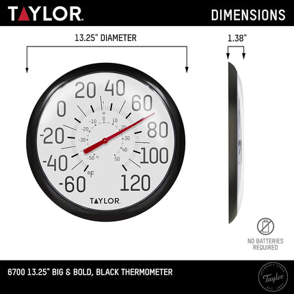 Taylor Precision Products Big and Bold Wall Thermometer, 13.25 inch, Black